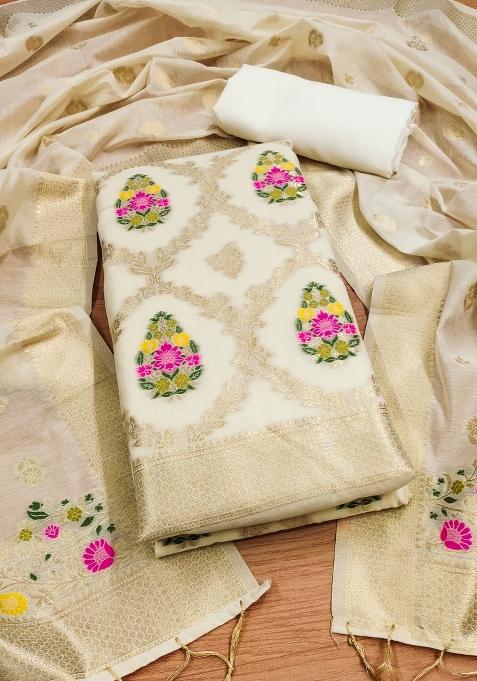 White Motif Silk Kurta Set