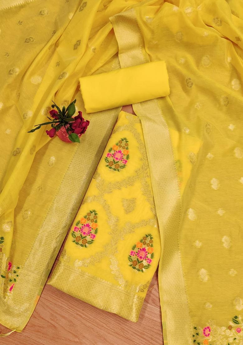 Yellow Motif Silk Kurta Set - Indya