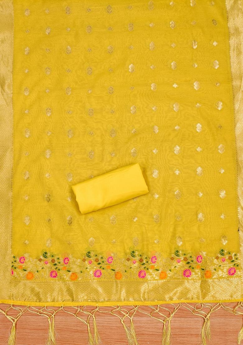 Yellow Motif Silk Kurta Set - Indya
