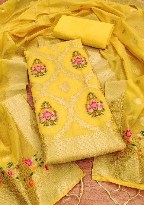Yellow Motif Silk Kurta Set