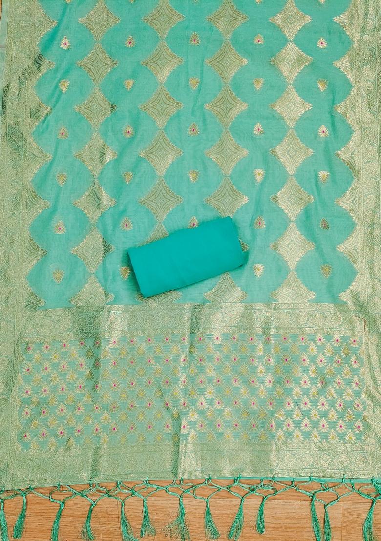 Sea Green Motif Silk Kurta Set - Indya