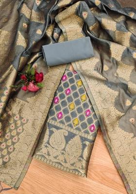 Grey Motif Silk Kurta Set