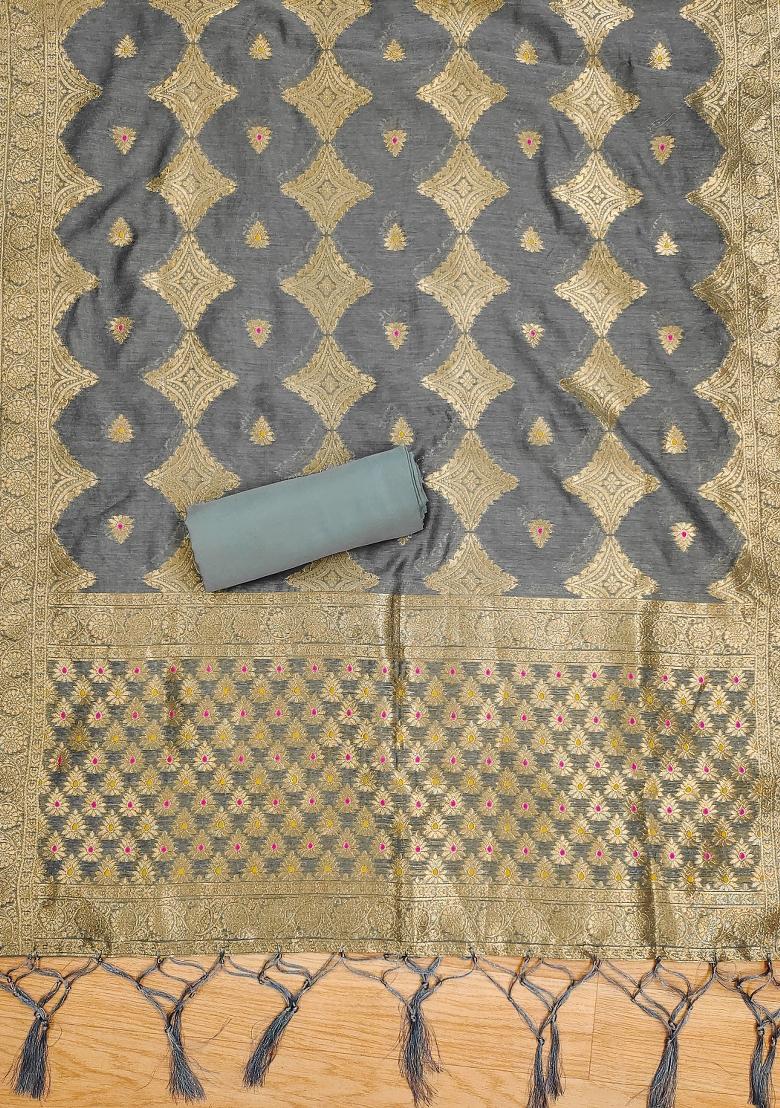 Grey Motif Silk Kurta Set - Indya