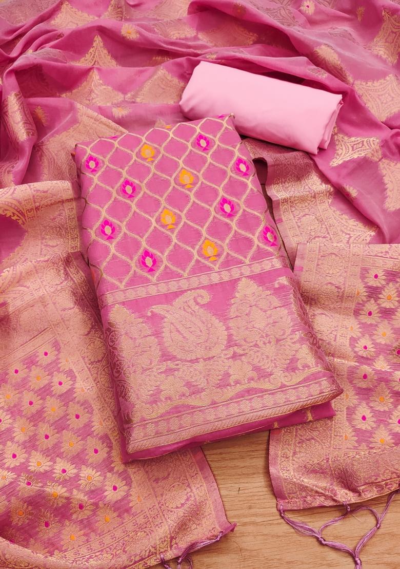 Pink Motif Silk Kurta Set - Indya