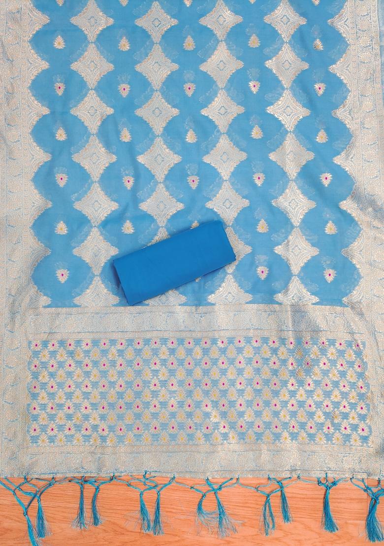 Sky Blue Motif Silk Kurta Set - Indya