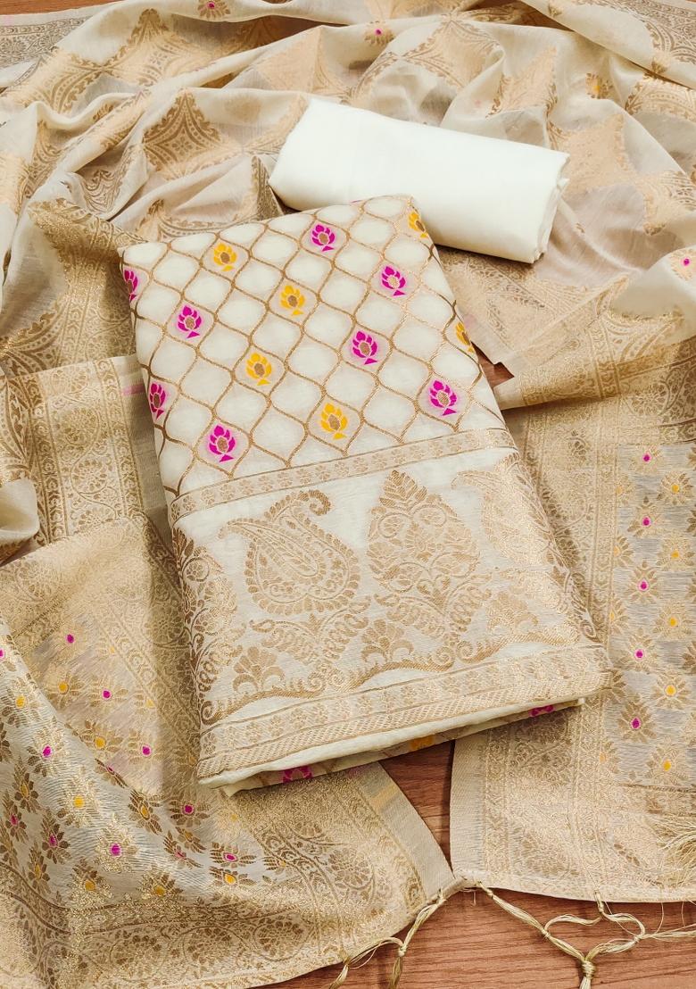 White Motif Silk Kurta Set - Indya