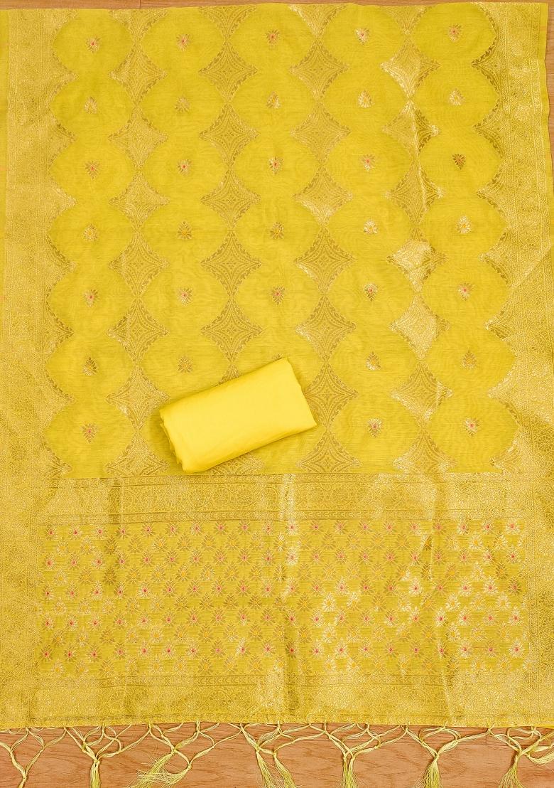 Yellow Motif Silk Kurta Set - Indya