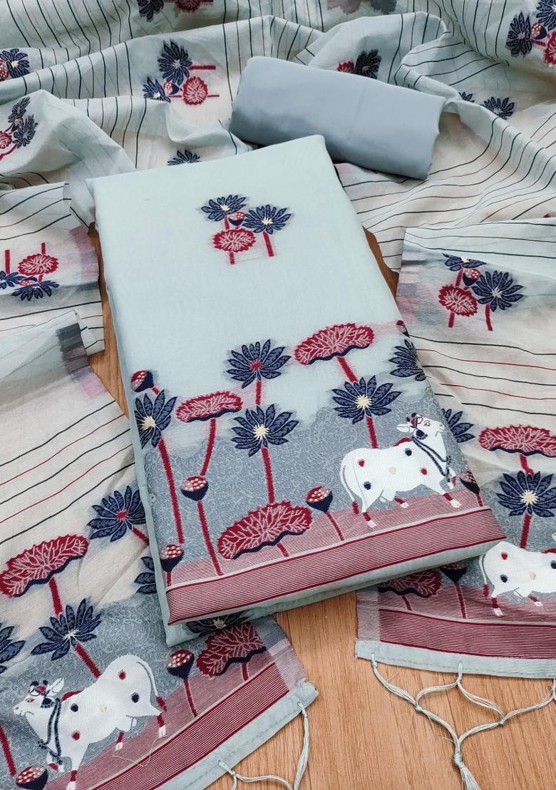 Grey Motif Cotton Blended Kurta Set - Indya