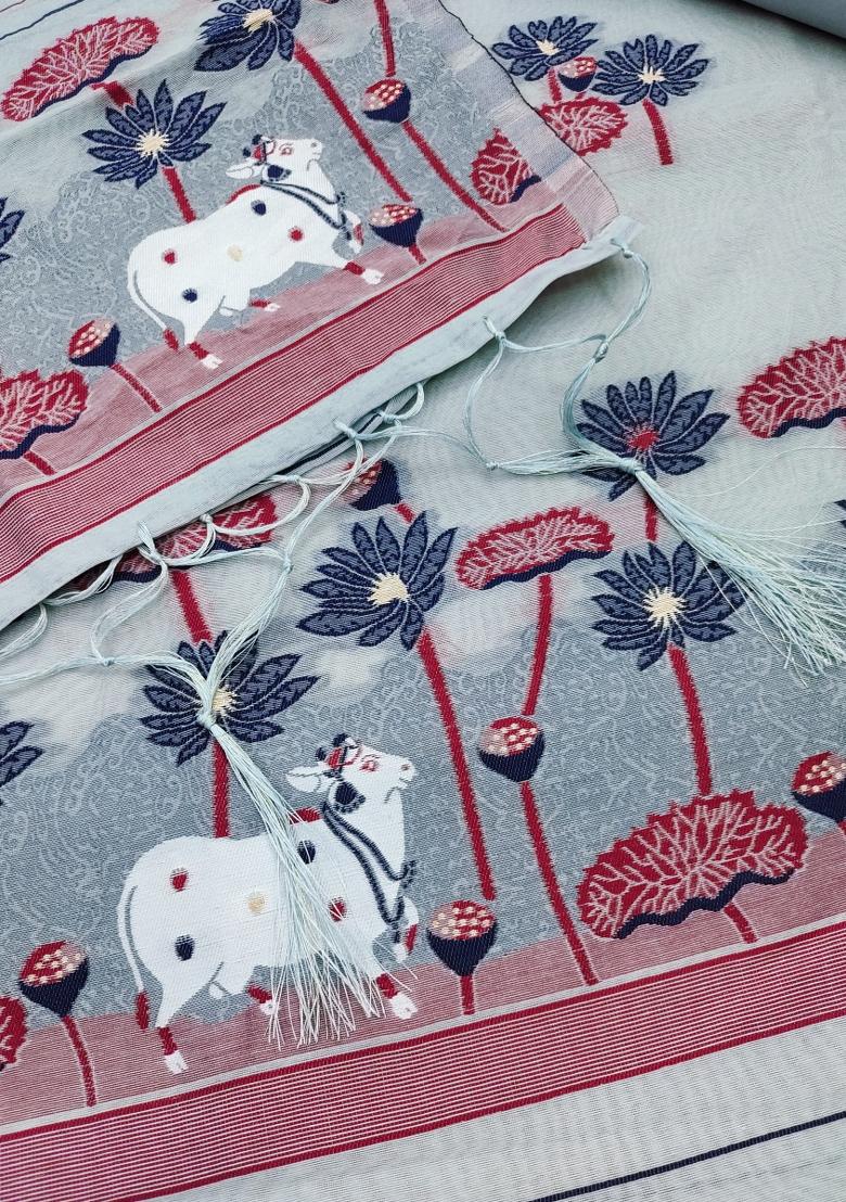 Grey Motif Cotton Blended Kurta Set - Indya