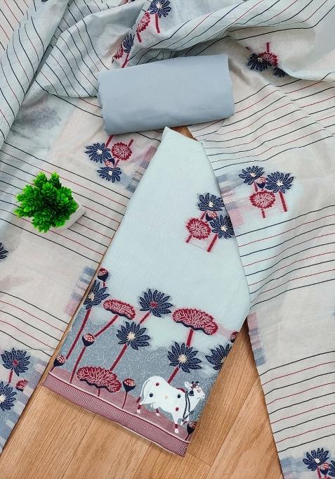 Grey Motif Cotton Blended Kurta Set