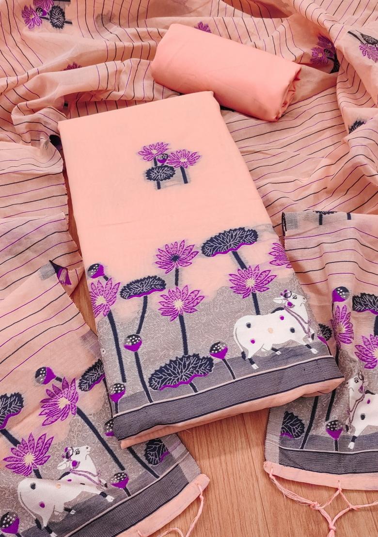 Peach Motif Cotton Blended Kurta Set - Indya