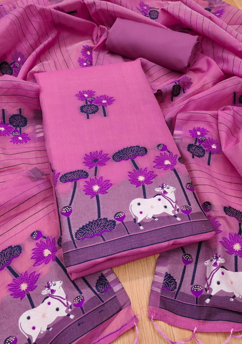 Pink Motif Cotton Blended Kurta Set - Indya