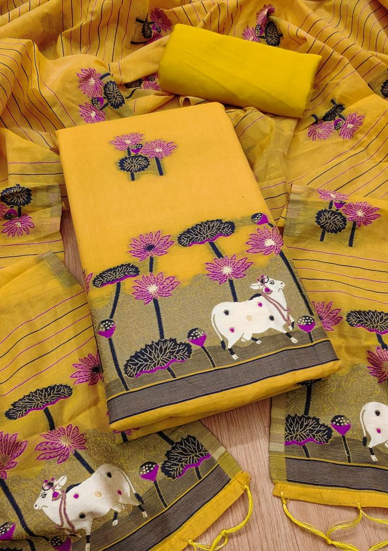 Yellow Motif Cotton Blended Kurta Set - Indya