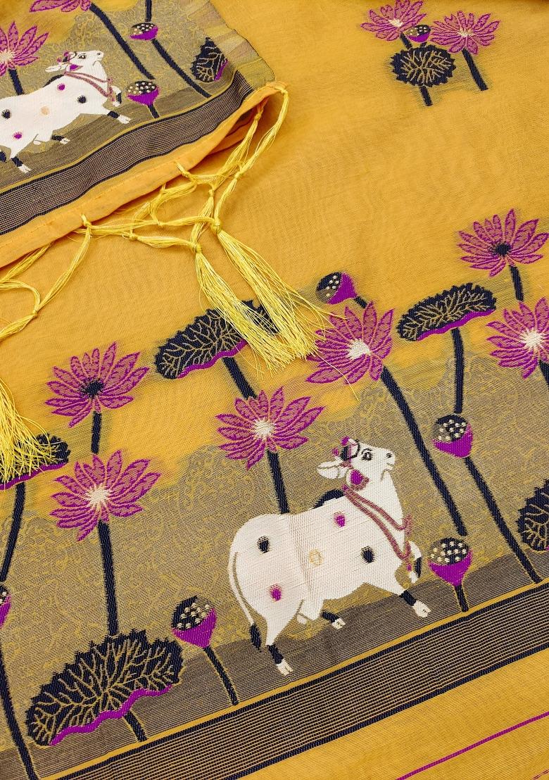 Yellow Motif Cotton Blended Kurta Set - Indya