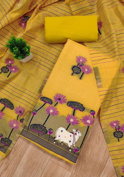 Yellow Motif Cotton Blended Kurta Set