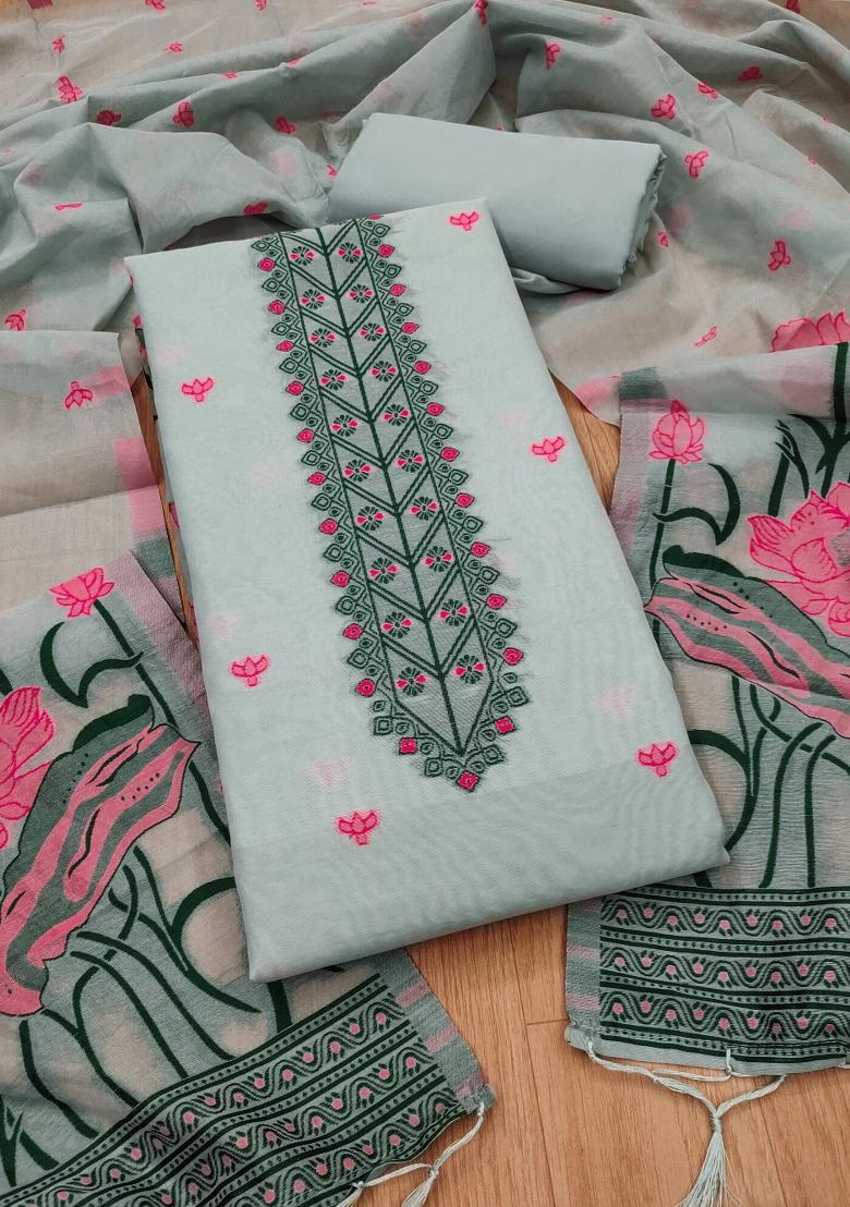 Grey Motif Cotton Blended Kurta Set - Indya