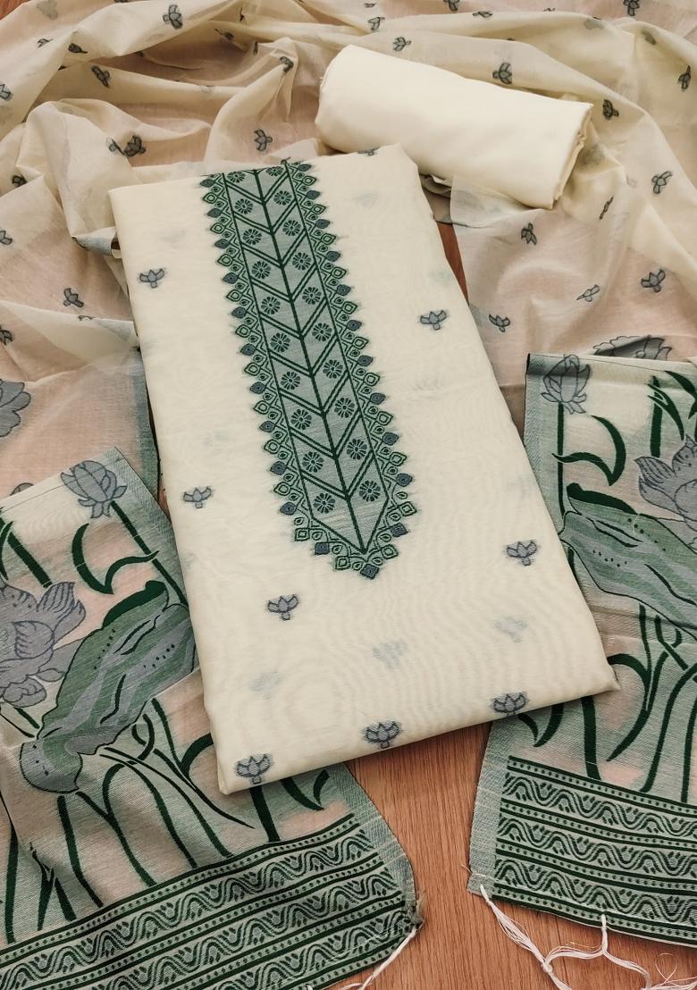 off white Motif Cotton Blended Kurta Set - Indya