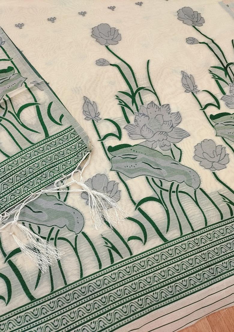 off white Motif Cotton Blended Kurta Set - Indya