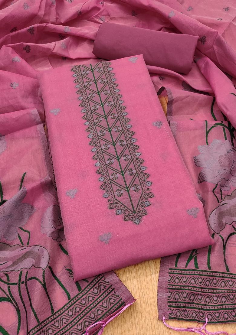 Pink Motif Cotton Blended Kurta Set - Indya