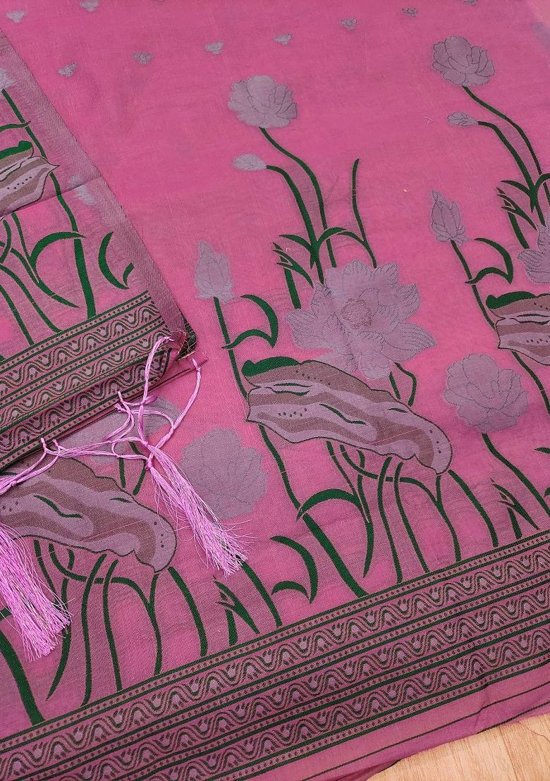 Pink Motif Cotton Blended Kurta Set - Indya