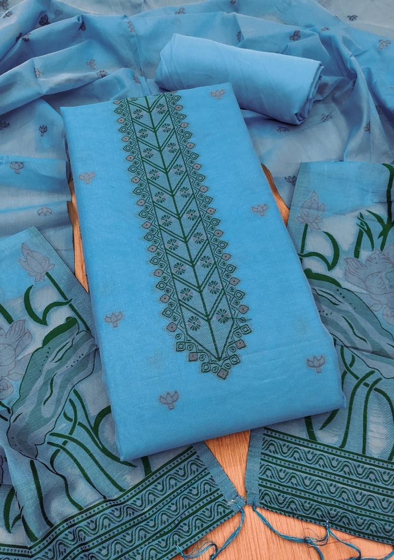 Sky Blue Motif Cotton Blended Kurta Set - Indya