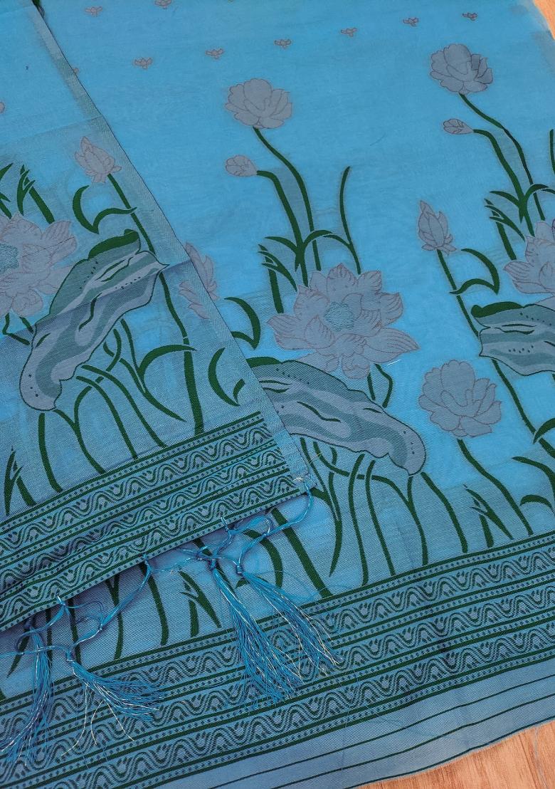 Sky Blue Motif Cotton Blended Kurta Set - Indya