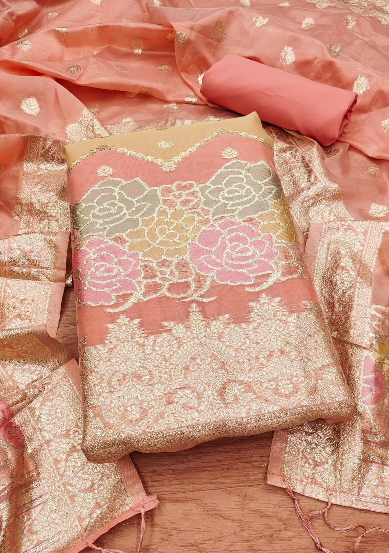 Peach Motif Organza Kurta Set - Indya