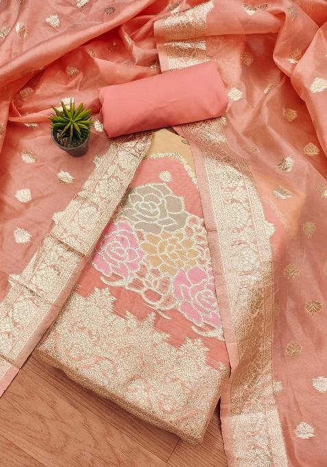 Peach Motif Organza Kurta Set