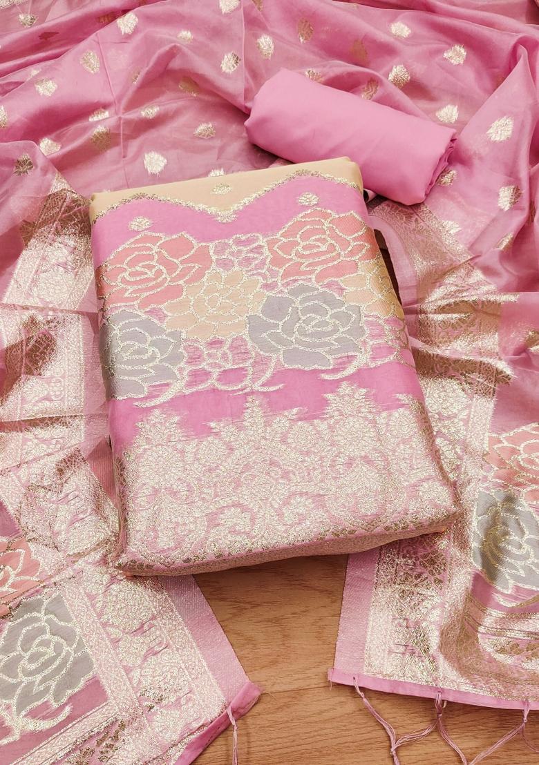 Pink Motif Organza Kurta Set - Indya