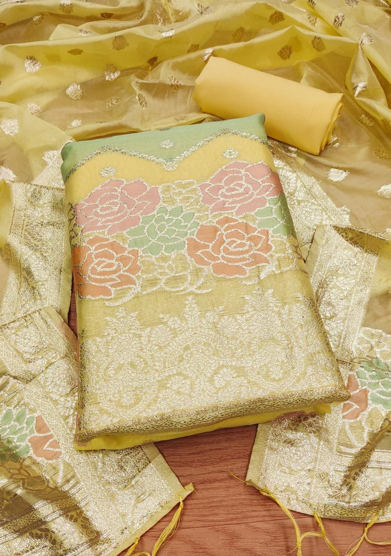 Yellow Motif Organza Kurta Set - Indya