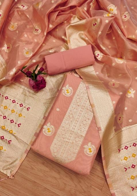 Peach Motif Organza Kurta Set