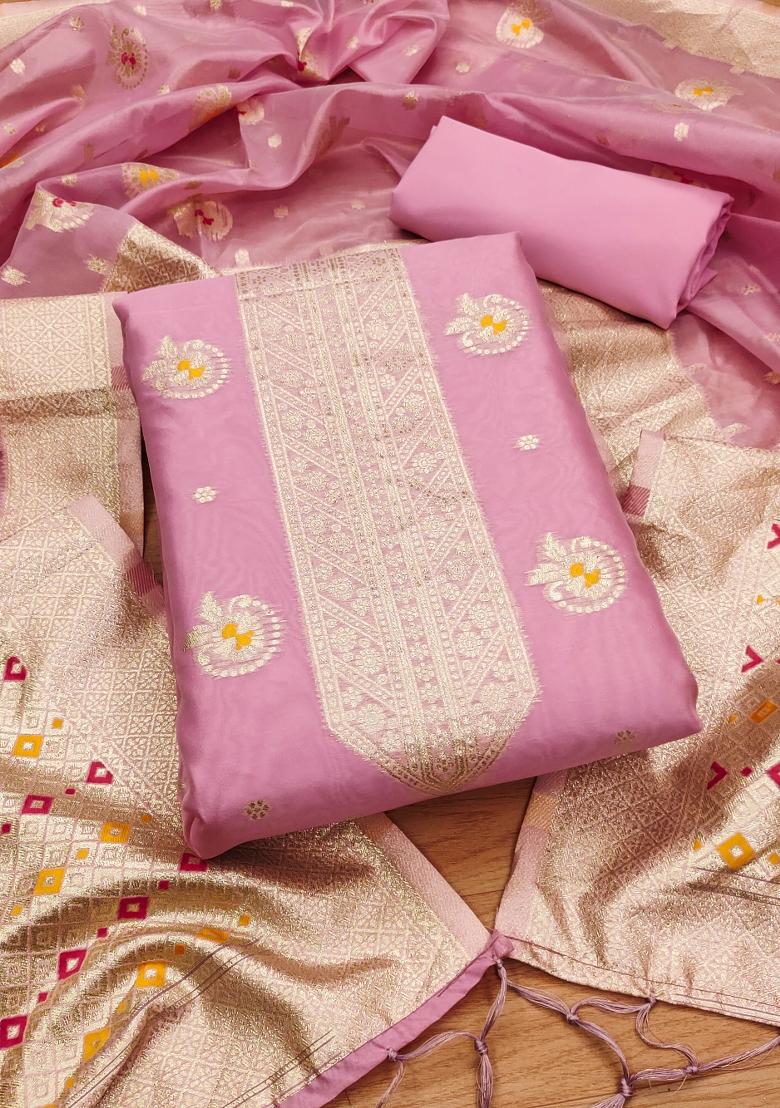 Pink Motif Organza Kurta Set - Indya