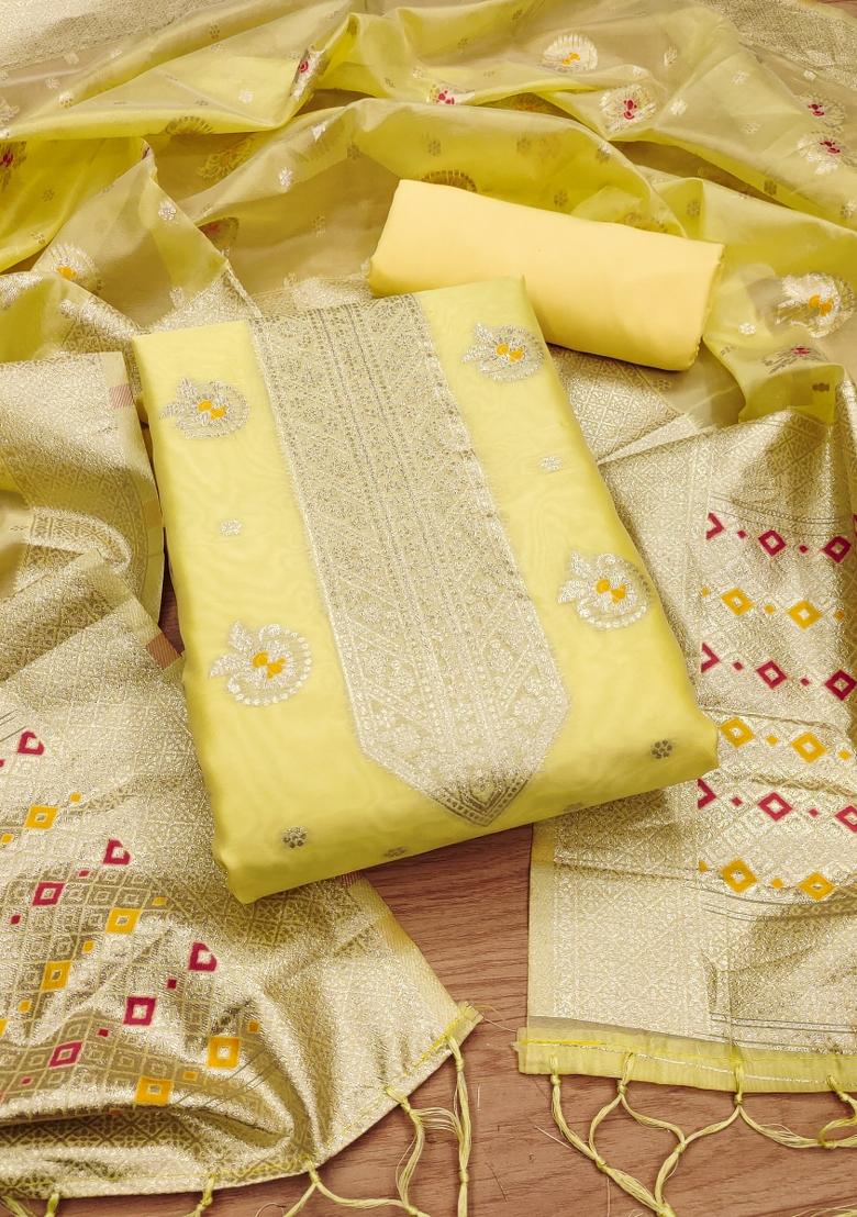 Yellow Motif Organza Kurta Set - Indya