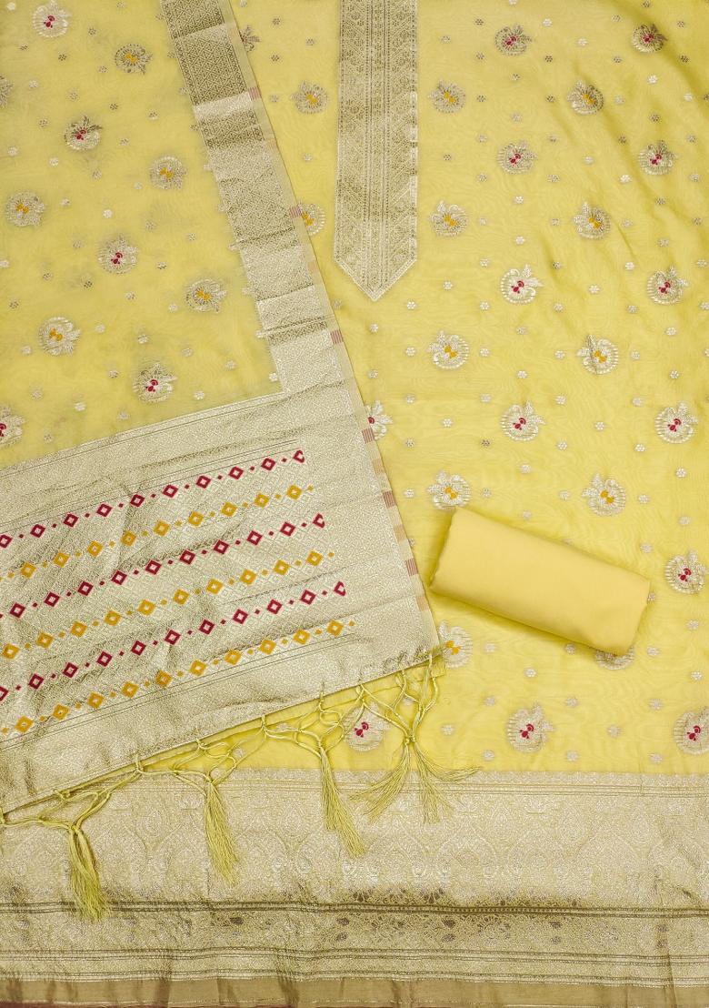 Yellow Motif Organza Kurta Set - Indya
