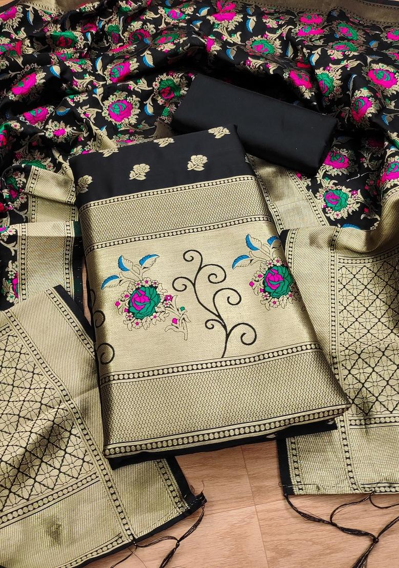 Black Motif Silk Kurta Set - Indya