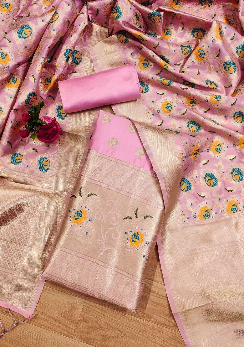 Baby Pink Floral Print Silk Blend Straight Kurta Set - Indya