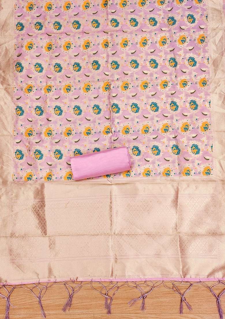 Baby Pink Floral Print Silk Blend Straight Kurta Set - Indya