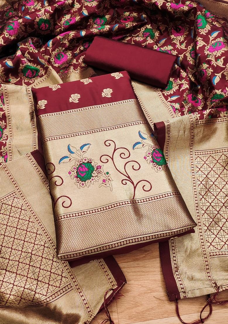 Maroon Motif Silk Kurta Set - Indya