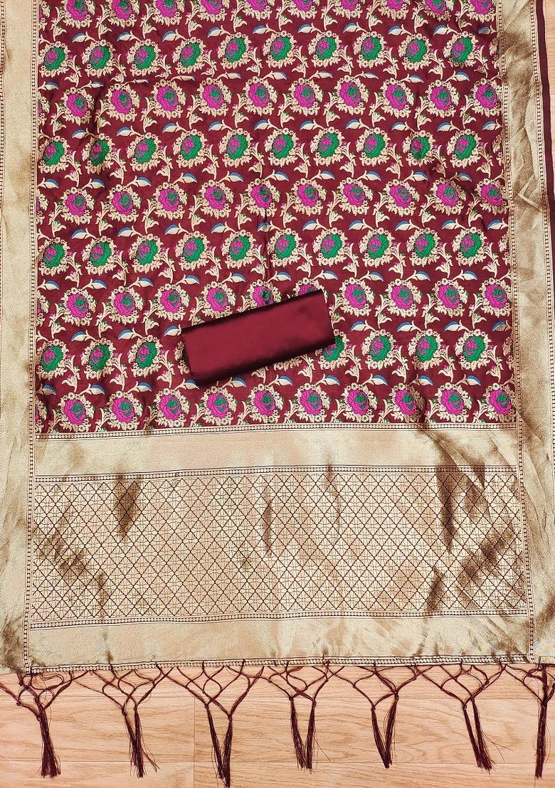 Maroon Motif Silk Kurta Set - Indya