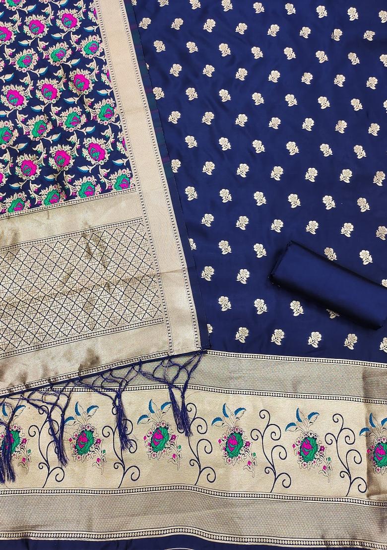 Navy Blue Motif Silk Kurta Set - Indya