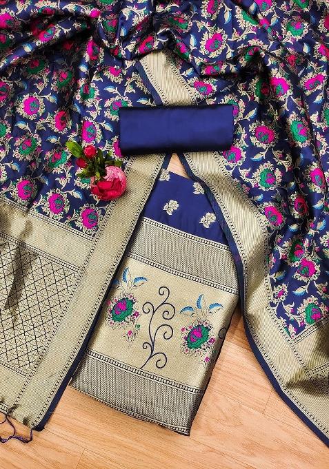 Navy Blue Motif Silk Kurta Set