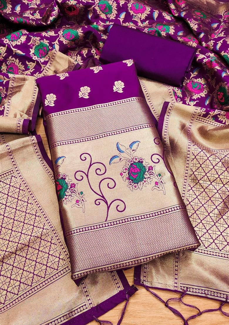 Purple Motif Silk Kurta Set - Indya
