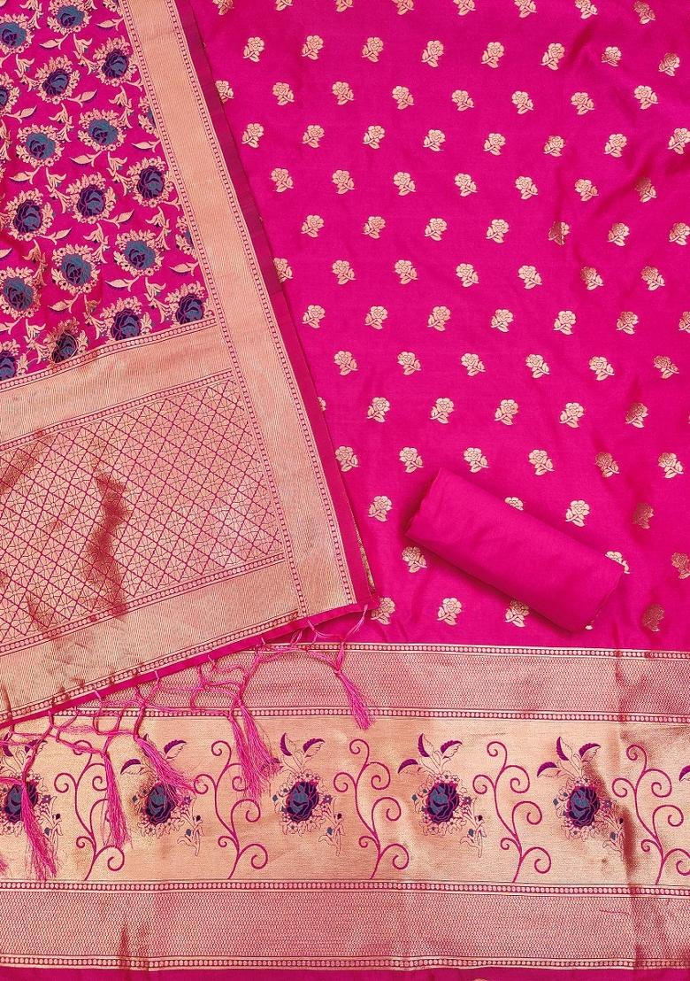 Rani Pink Motif Silk Kurta Set - Indya