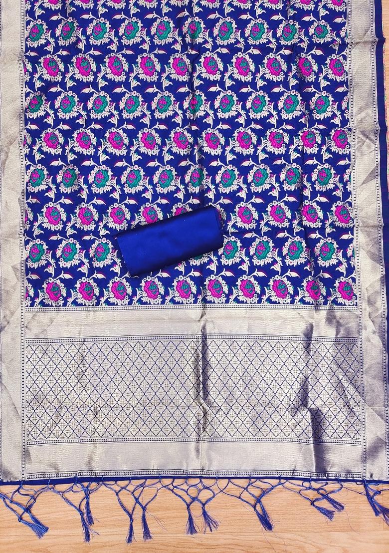 Royal Blue Motif Silk Kurta Set - Indya