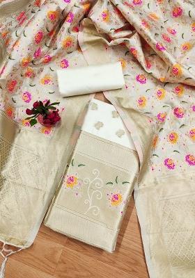 White Motif Silk Kurta Set