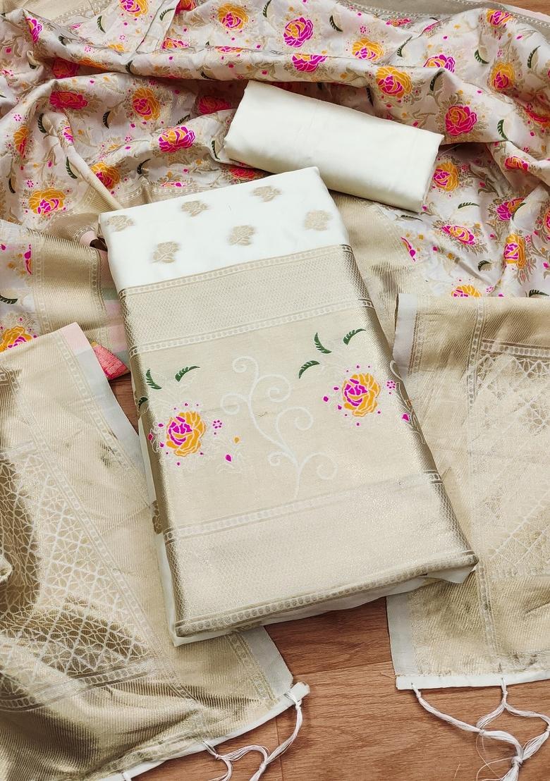 White Motif Silk Kurta Set - Indya