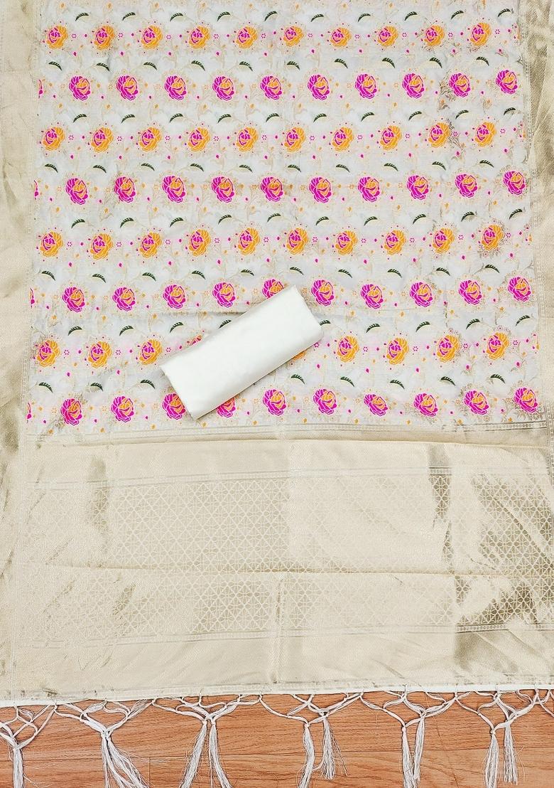 White Motif Silk Kurta Set - Indya