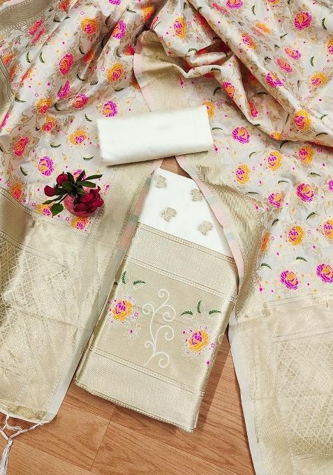 White Motif Silk Kurta Set