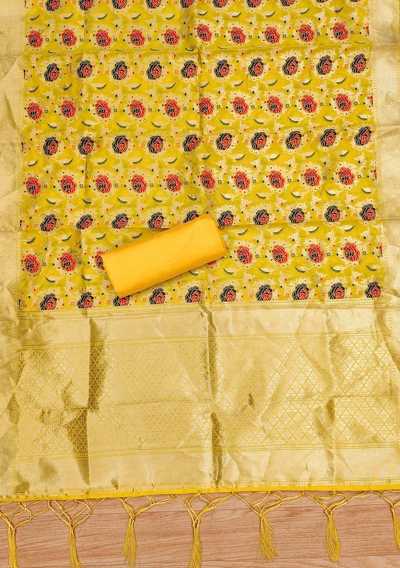 Yellow Motif Silk Kurta Set - Indya