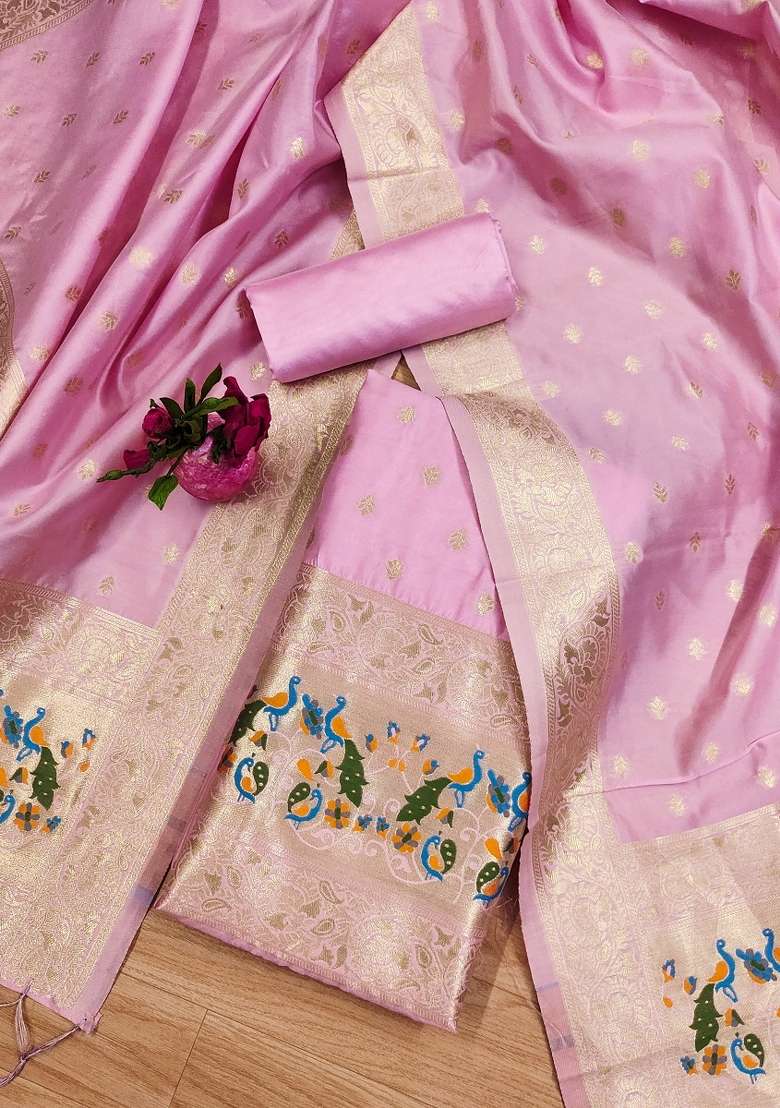 Baby Pink Jacquard Silk Blend Straight Kurta Set - Indya
